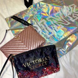 Three Victorias Secret bags, Crossbody Pink Purse, Holographic Tote, Glitter